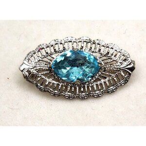 Silver Tone Brooch With Blue Center Stone - Small - 1"